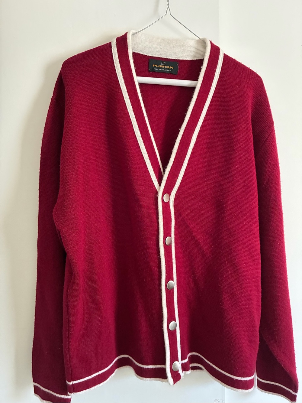 Puritan Red Cardigan Sweater with Cream Contrast Trim